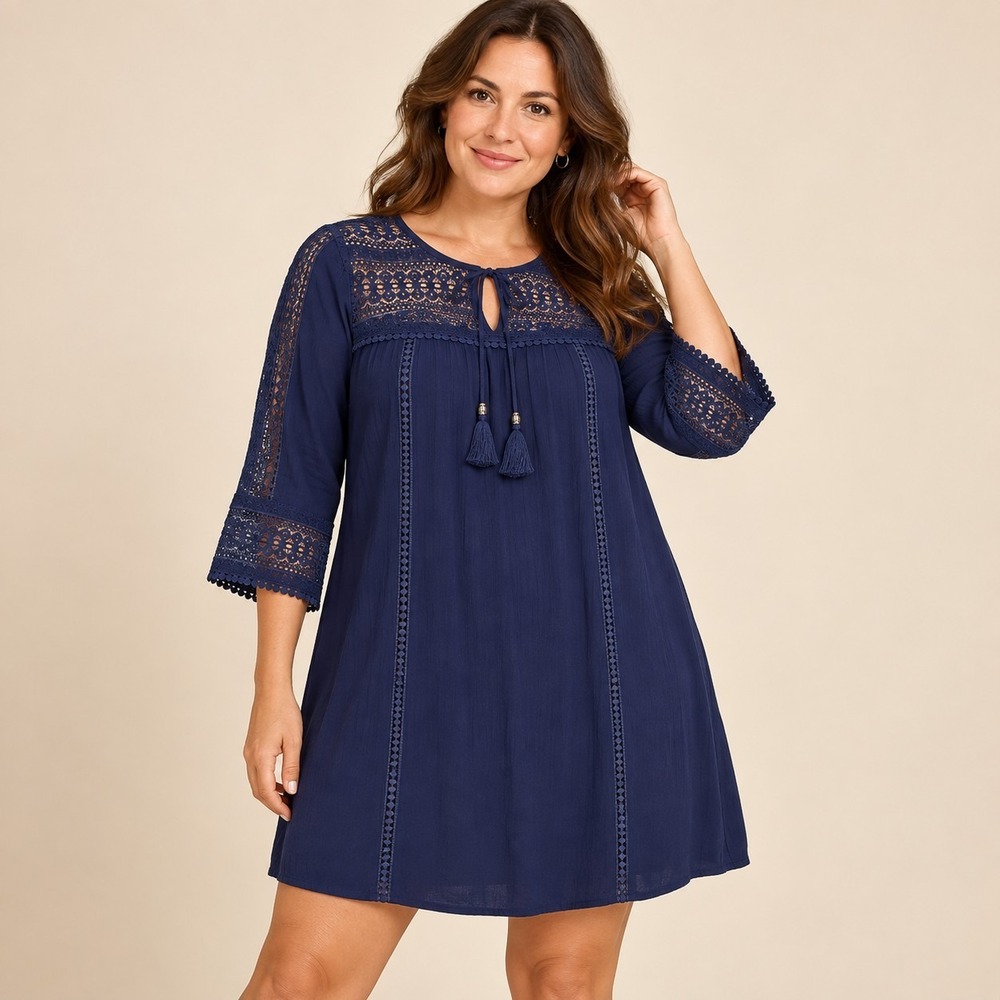 Sandra Darren Navy Shift Dress Women's 12 Large Coquette Coastal Boho Chic Flowy